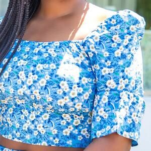 Rebdolls Now And Again Floral Square Neck Puff Sleeve Crop Top Blue 5X